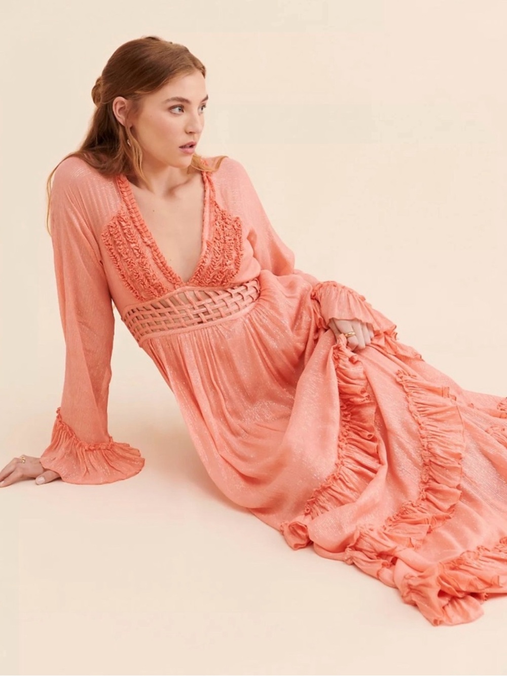 Free People Coral Maxi Dress with Smocked Waist and Ruffle Trim